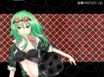  black-world bokura_no_16bit_warz_(vocaloid) breasts camouflage cleavage explosive fang gatling_gun goggles goggles_on_head green_eyes green_hair grenade grin gumi gun highres huge_weapon midriff mouth_hold navel open_clothes open_shirt shirt short_hair sleeves_rolled_up smile solo vocaloid weapon 