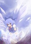  bad_id blue_eyes blue_hair bow cirno hair_bow ice lens_flare mountain open_mouth perspective shomon short_hair smile solo standing_on_one_leg touhou wings 