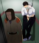  aoba_shigeru blush brown_hair elevator hug ikari_shinji male nagisa_kaworu neon_genesis_evangelion parody red_eyes shigeru_aoba sweat white_hair 