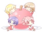  blonde_hair blush brown_hair chibi closed_eyes food fruit glasses hair_ornament hairclip hidamari_sketch hiro mirai_(artist) mirai_(sugar) miyako oversized_object pink_eyes pink_hair plate purple_eyes purple_hair sae school_uniform skirt smile violet_eyes yuno 