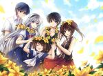  blue_eyes blue_hair brown_eyes brown_hair clannad closed_eyes flower hagiwara_rin hair_flower hair_ornament hairband head_wreath kanako mishima_tomo okazaki_tomoya open_mouth petals sailor_dress sakagami_takafumi sakagami_tomoyo school_uniform silver_hair smile tomoyo_after twintails two_side_up 