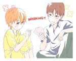  1girl bad_id blush card_game couple glasses inami_mahiru orange_eyes orange_hair pajamas short_hair sketch takanashi_souta working!! yun_(kinumi0411) yun_(pixiv1505285) 