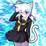  animal_ears blush cat_ears cat_tail dha glasses pantyhose red_eyes school_uniform serafuku skirt tail white_hair wink 