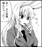  ayasugi_tsubaki blazer bunny_ears long_hair monochrome mouth_hold necktie pencil reisen_udongein_inaba sweatdrop touhou translated translation_request 