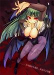  arm_up bare_shoulders bat_wings boots breasts capcom cleavage demon_girl elbow_gloves fingerless_gloves from_above gloves green_hair head_wings kaisanbutsu large_breasts leotard long_hair morrigan_aensland pantyhose red_eyes solo succubus vampire_(game) wings 