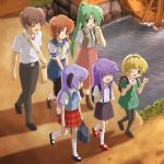  backpack bag blonde_hair blue_eyes blue_hair blush bridge brown_hair everyone fang furude_rika green_eyes green_hair hairband hanyuu highres higurashi_no_naku_koro_ni hime_cut horns houjou_satoko long_hair maebara_keiichi male mary_janes necktie open_mouth orange_hair pantyhose ponytail purple_eyes purple_hair randoseru ribbon river ryuuguu_rena school_uniform serafuku shoes short_hair skirt smile sonozaki_mion sonozaki_shion suspenders thigh-highs thighhighs violet_eyes walking water_wheel wink 