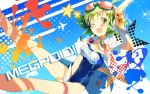  goggles_on_head green_eyes green_hair gumi gun headphones nmse12 one-piece_swimsuit school_swimsuit short_hair smile solo swimsuit vocaloid weapon wrist_cuffs 