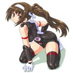  black_legwear black_thighhighs blush breasts brown_eyes brown_hair busou_shinki dd_(artist) doll_joints from_above gloves hairband kneeling long_hair looking_up ponytail solo thigh-highs thighhighs 