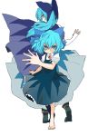  alternate_age alternate_hairstyle bad_id barefoot blue_eyes blue_hair cirno dual_persona hands hibiglasses highres long_hair ponytail serious short_hair touhou 