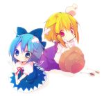  2girls ana_(artist) ana_(rznuscrf) bandages blonde_hair blue_eyes blue_hair bruise chibi cirno eyes frown hat hat_removed head_bump headwear_removed injury moriya_suwako multiple_girls pyonta tears touhou wings 