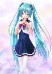  absurdres aqua_eyes aqua_hair blush bowtie dress hands_clasped hatsune_miku highres long_hair project_diva project_diva_2nd smile solo thigh-highs thighhighs toshi_(www000wj) twintails very_long_hair vocaloid white_legwear 