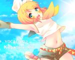  :d \o/ arms_up bad_id belt blonde_hair cloud clouds crop_top detached_sleeves green_eyes hair_ornament hairband hairclip kagamine_rin lens_flare midriff narisuke navel open_mouth outstretched_arms sailor_collar short_hair shorts sky smile solo sun vocaloid 