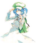  backpack bag blue_eyes blue_hair grin hair_bobbles hair_ornament hat_tip kawashiro_nitori key minakata_sunao short_hair smile solo touhou twintails wink 