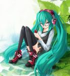  aqua_eyes aqua_hair bespectacled digital_media_player glasses hatsune_miku headphones long_hair mp3_player sitting skirt solo thigh-highs thighhighs twintails very_long_hair vocaloid yato zettai_ryouiki 