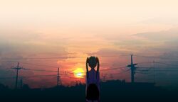  aqua_hair cloud clouds from_behind guntank_(artist) hatsune_miku long_hair lowres skirt sky solo standing sun sunset telephone_pole twintails vocaloid 