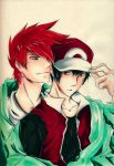  2boys black_hair blanket green green_eyes ookido pokemon pokemon_(game) red_(pokemon) red_eyes redhead smile 
