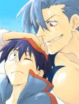  2boys blue_hair goggles hand_on_head kamina red_eyes ru&amp;pauda_(artist) shirtless simon smirk tattoo tegaki tengen_toppa_gurren_lagann 