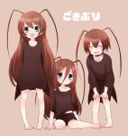  3girls antennae barefoot brown_hair cockroach insect long_hair personification short_hair 