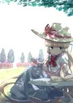  blonde_hair blush book dress gosick green_eyes hat hat_ribbon highres hime_cut long_hair long_sleeves mayuge1017 pipe reading ribbon shadow sitting solo table tree tree_shade very_long_hair victorian victorica_de_blois victorique_de_broix 