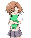  brown_hair closed_eyes frog gekota hug hug_from_behind misaka_mikoto rubii school_uniform short_hair stuffed_animal stuffed_toy sweater_vest to_aru_kagaku_no_railgun to_aru_majutsu_no_index 