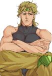  1boy bare_shoulders blonde_hair crossed_arms crossed_legs dio_brando earrings heart_kneepads highres jewelry jojo_no_kimyou_na_bouken male_focus muscular muscular_male no_jacket open_pants pants red_eyes sitting sleeveless sleeveless_turtleneck sleeveless_turtleneck_leotard solo stardust_crusaders sugikahunkiena turtleneck yellow_pants 