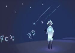  1other blue_background eda english_commentary full_body original outdoors shooting_star short_hair shorts sky:_children_of_the_light sky_child solo standing v white_hair 