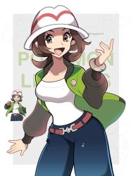 1girl belt breasts brown_hair chikorita commentary english_commentary female_protagonist_(pokemon_legends:_z-a) green_jacket hat highres jacket mega_ring mega_stone official_art_inset open_mouth pants pokemon pokemon_(creature) pokemon_legends:_z-a reference_inset shirt simple_background smile solo tepig totodile touyarokii white_background white_hat