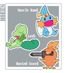  animal_focus bird black_eyes border chicken closed_eyes fins full_body grey_background hairband head_fins highres holding holding_sword holding_weapon looking_at_viewer mudkip muscle_band no_humans nose_poke000 open_mouth orange_feathers pokemon pokemon_(creature) rusted_sword_(pokemon) simple_background spring_onion standing starter_pokemon_trio sword talons torchic treecko weapon white_border yellow_hairband 