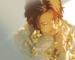  1boy brown_hair closed_eyes crying dress_shirt flower hair_over_one_eye hand_on_own_face hands_up long_sleeves male_focus original petals rido_(ridograph) shirt short_hair solo upper_body watermark white_shirt yellow_flower 