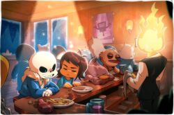 1other 2025 2d 2girls 5boys ambiguous_gender anthro armor big_mouth_(undertale) bird bird_girl black_pants black_vest blue_eyes blue_jacket brown_hair counter cup digital_media dileomax dog dog_boy dog_girl dogamy dogaressa elemental_(creature) fire_elemental fish fish_boy flaming_head food french_fries frisk_(undertale) fur-trimmed_jacket fur_trim furry furry_female furry_male glasses greater_dog grillby highres human humanoid indoors jacket ketchup ketchup_bottle lesser_dog male monster monster_boy mug multiple_boys open_jacket orange_skin pants plate poster_(object) red_bird_(undertale) restaurant sans_(undertale) shirt short_hair signature skeleton teeth ugly_fish undead undertale utdr_(toby_fox) vest white_shirt window