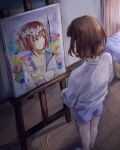  1girl bed braid brown_hair canvas_(object) curtains grey_sweater highres looking_at_object portrait_(object) project_sekai purple_shorts scissors shinonome_ena short_hair shorts solo standing sweater torn_paper touyaluvrr wooden_floor 