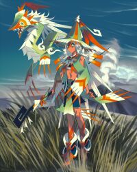  1boy barefoot commentary_request dark-skinned_male dark_skin dragon eda full_body green_eyes hat holding holding_staff looking_at_viewer male_focus original outdoors parted_lips pelvic_curtain solo staff volcano 