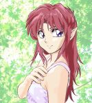  1990s_(style) 1girl azalyn_(musekinin_kanchou_tylor) bare_shoulders camisole closed_mouth hand_on_own_chest hand_up long_hair mizumori_keiichi musekinin_kanchou_tylor pointy_ears redhead retro_artstyle smile solo split_mouth upper_body violet_eyes white_camisole 