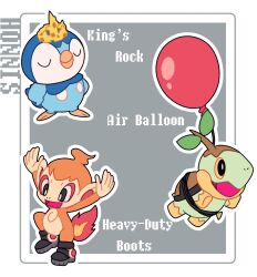  :d air_balloon_(pokemon) animal_focus balloon bird black_eyes black_shoes blue_feathers border chimchar closed_eyes colored_sclera crown feathers fire full_body grey_background heavy-duty_boots_(pokemon) highres king&#039;s_rock leaf looking_at_viewer monkey no_humans nose_poke000 open_mouth orange_fur penguin piplup pokemon pokemon_(creature) shoes simple_background smile standing starter_pokemon_trio turtle turtwig u_u white_border yellow_fur yellow_sclera 