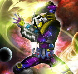  1boy armor artist_request bodysuit clenched_hand compound_eyes cowboy_shot fourze_driver fusion_switch galaxy kamen_rider kamen_rider_fourze kamen_rider_fourze_(meteor_fusionstates) kamen_rider_fourze_(series) kamen_rider_fourze_the_movie:_everyone!_let's_feel_the_universe! meteor_galaxy meteor_switch open_hand purple_bodysuit saturn_(planet) space standing yellow_armor yellow_eyes 