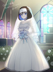  1girl autoscorer blue_eyes blue_flower blue_hair bouquet breasts bridal_gauntlets bridal_veil brown_hair church closed_mouth colored_inner_hair commission dress eyebrows_hidden_by_hair flower frilled_hairband frills full_body garie_tuman hairband highres holding holding_bouquet looking_at_viewer makeup medium_hair mitsuka! multicolored_hair senki_zesshou_symphogear shadow skeb_commission small_breasts smile solo stained_glass veil wedding_dress white_dress white_hairband 