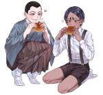  2boys absurdres aged_down anpan black_hair black_shorts blue_kimono brown_hakama buzz_cut dark-skinned_male dark_skin food golden_kamuy hakama highres japanese_clothes kimono koito_otonoshin multiple_boys panic_0525 short_hair shorts sitting socks squatting suspenders usami_tokishige very_short_hair white_background white_socks 