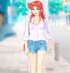  1girl :d blue_eyes blue_eyeshadow blue_shorts day denim denim_shorts eyeshadow highres long_hair looking_at_viewer makeup maria_grace_fleed mazinger_(series) mizumori_keiichi multicolored_eyes open_mouth outdoors pocket redhead shirt shorts smile solo standing teeth ufo_robo_grendizer upper_teeth_only violet_eyes white_shirt 