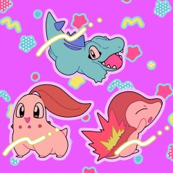  :d :o alternate_color animal_focus black_eyes chikorita cyndaquil fangs fire full_body highres looking_at_viewer no_humans nose_poke000 open_mouth orange_fur pokemon pokemon_(creature) purple_background shiny_pokemon simple_background smile standing star_(symbol) starter_pokemon_trio totodile yellow_fur 