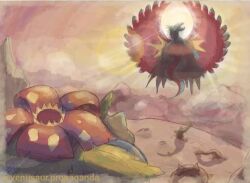  animal_focus artist_name cliff commentary english_commentary from_behind mountain no_humans outdoors plant pokemon pokemon_(creature) roaring_moon shadow thorns venusaur venusaur-propaganda vines 