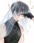  1boy bishounen black_eyes black_gloves black_hair black_shirt confetti falling_petals gloves i_became_a_god_in_a_horror_game looking_at_another male_focus petals shirt tavel upper_body veil zaphylla 
