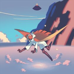  1other brown_cloak cloak closed_eyes clouds eda english_commentary flying outdoors short_hair shorts sky:_children_of_the_light sky_child white_hair 