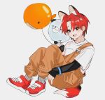  1boy 8enthopelagic absurdres aged_down animal_balloon animal_ear_fluff animal_ears balloon black_eyes blush brown_overalls child commentary_request eoduun_badaui_deungbul-i_doeeo fox_boy fox_ears fox_tail full_body highres holding holding_balloon kemonomimi_mode kim_jaehee knees_up korean_commentary layered_sleeves long_sleeves looking_at_viewer male_focus open_mouth overalls red_footwear redhead shirt shoes short_hair short_over_long_sleeves short_sleeves simple_background sitting smile solo tail white_background white_shirt 