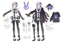  1girl animal_hood animal_print anklet arrow_(symbol) ayakura_juu bangle bare_shoulders belt black_gloves black_jacket black_pantyhose bracelet chest_belt closed_mouth clothing_cutout dot_mouth dress elbow_gloves expressionless gloves hair_ornament hair_tubes high_heels hip_gear holding holding_microphone hood hooded_jacket jacket jewelry logo looking_at_viewer microphone multiple_views official_art pantyhose partially_fingerless_gloves purple_hair purple_nails rabbit_hood rabbit_print reference_sheet second-party_source see-through_dress_layer short_hair_with_long_locks simple_background sleeveless sleeveless_dress smile solo_focus speaker split_mouth thigh_cutout two-sided_fabric two-sided_jacket unworn_jacket violet_eyes vocaloid voiceroid white_background white_dress yuzuki_yukari yuzuki_yukari_(vocaloid6) 