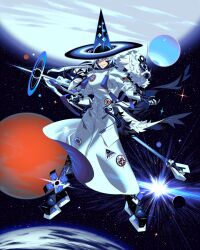  1boy animal black_eyes black_hair blue_eyes cat coat colored_inner_hair commentary_request eda full_body grin hat heterochromia long_hair looking_at_viewer male_focus manboobs multicolored_hair multiple_tails muscular muscular_male original planet smile solo space tail weapon white_coat white_hair wizard wizard_hat 