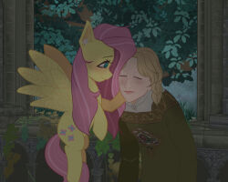  animal_ears blonde_hair braid braids crossover dim_lighting fluttershy forest fromsoftware green_dress height_difference my_little_pony pink_hair pony rya_(elden_ring) tail watermark yellow_skin young_girl 