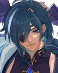  1boy arms_behind_head blue_eyes blue_hair braid close-up dark-skinned_male dark_skin earrings eyelashes eyepatch frilled_sleeves frills fur_scarf genshin_impact hair_over_one_eye highres jewelry kaeya_(genshin_impact) looking_at_viewer male_focus mandarin_collar parted_lips portrait sidelocks simple_background single_braid single_earring smile tubakkkki65 white_background 