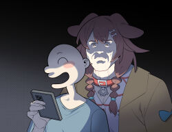  1girl 1other absurdres animal_ears bone_hair_ornament braid brown_hair cocomayo29_(tomato) collar dog_ears dog_girl dress gradient_background hair_ornament highres holding holding_phone hololive inugami_korone inugami_korone_(1st_costume) jacket listener_(inugami_korone) long_hair looking_at_phone meme parody phone simple_background staring twin_braids undertaker_standing_behind_aj_styles_(meme) virtual_youtuber white_dress wwe yellow_jacket 