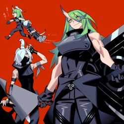  2girls animal animal_ears animal_on_head arknights black_gloves cowboy_shot eda fingerless_gloves fingernails gloves green_eyes green_hair hair_over_one_eye holding holding_shield horns hoshiguma_(arknights) long_hair looking_at_viewer mask multiple_girls multiple_views ninja on_head red_background sharp_fingernails shield shirayuki_(arknights) short_hair simple_background single_horn skin-covered_horns sleeveless smile weasel weasel_ears weasel_girl white_hair 