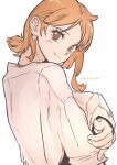  1girl aosora2823 blush earrings head_tilt highres jewelry long_sleeves looking_at_viewer looking_back nami_(one_piece) one_piece orange_hair oversized_clothes oversized_shirt shirt simple_background smile solo twitter_username upper_body white_background white_shirt 